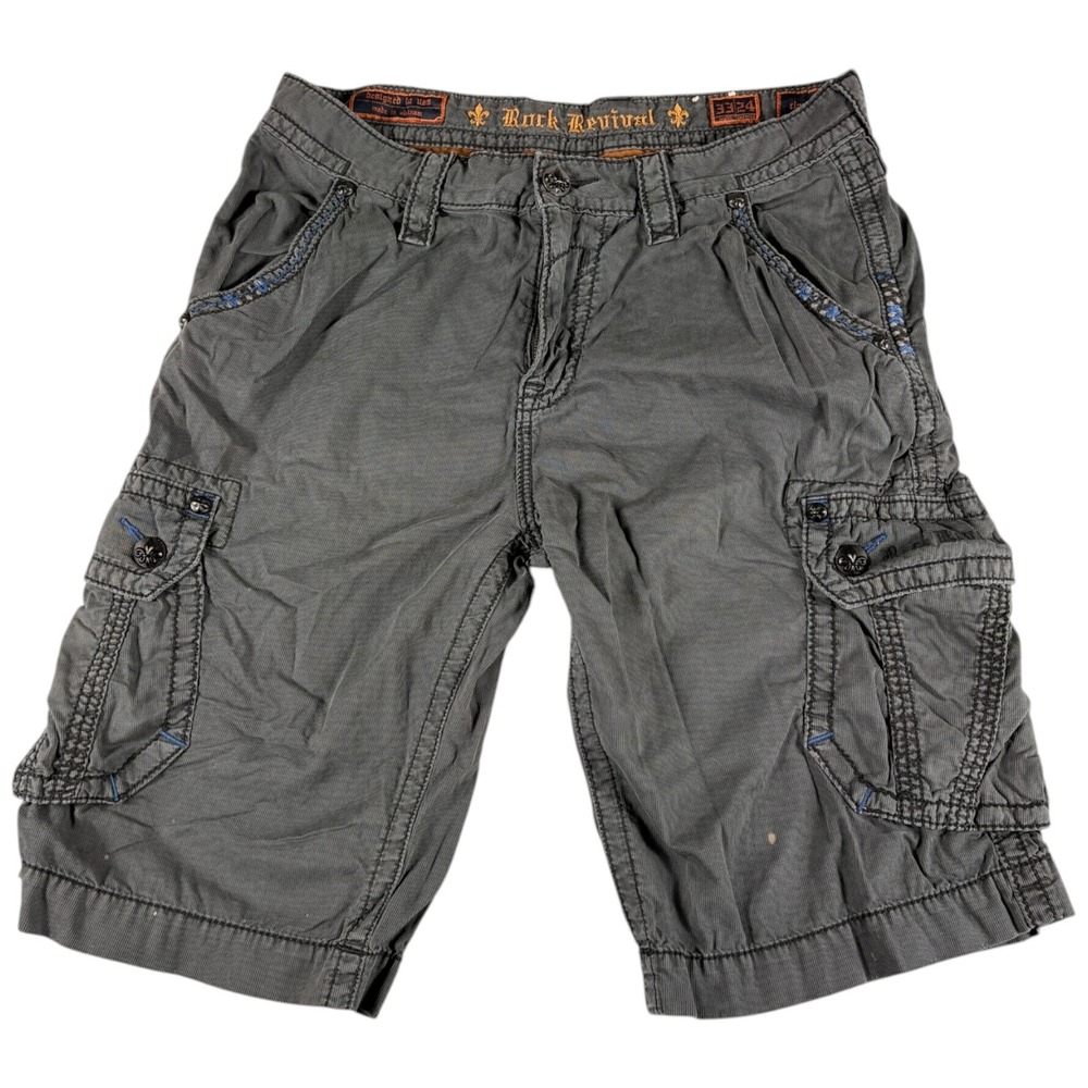 Rock Revival Cargo Shorts Mens 33 Grey Buckle Y2K Relaxed Grunge Streetwear
